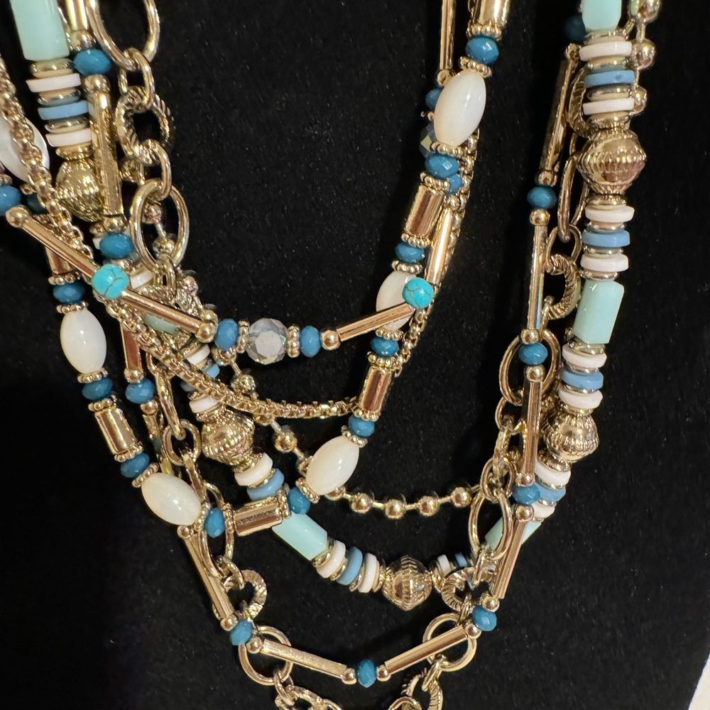 Multi Strand Turquoise and Gold Tone Necklace Bohemian Inspired Lobster Claw - Picture 4 of 5